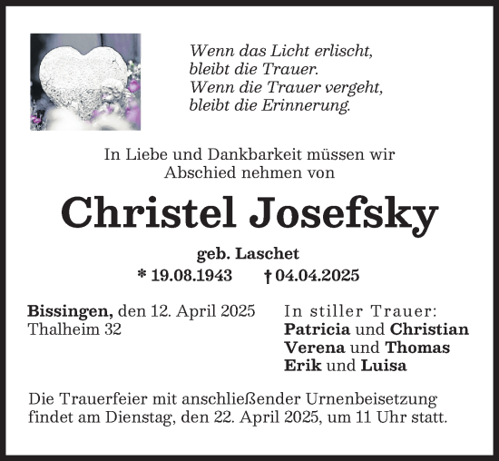 Traueranzeige von Christel Josefsky von Donau Zeitung