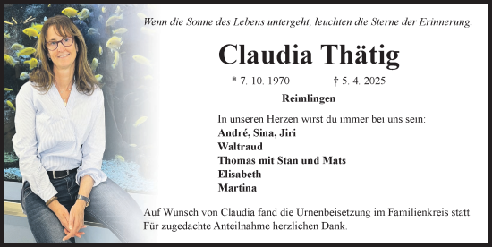 Traueranzeige von Claudia Thätig von Rieser Nachrichten