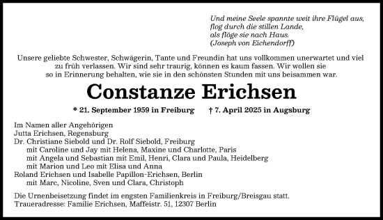 Traueranzeige von Constanze Erichsen von Augsburger Allgemeine