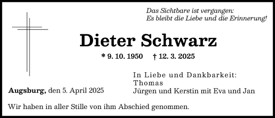 Traueranzeige von Dieter Schwarz von Augsburger Allgemeine
