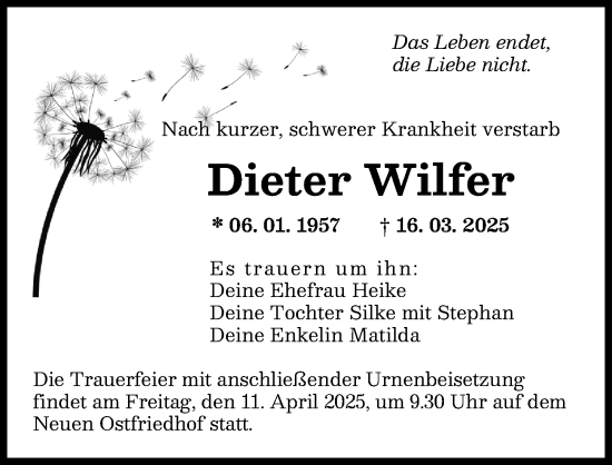 Traueranzeige von Dieter Wilfer von Augsburger Allgemeine