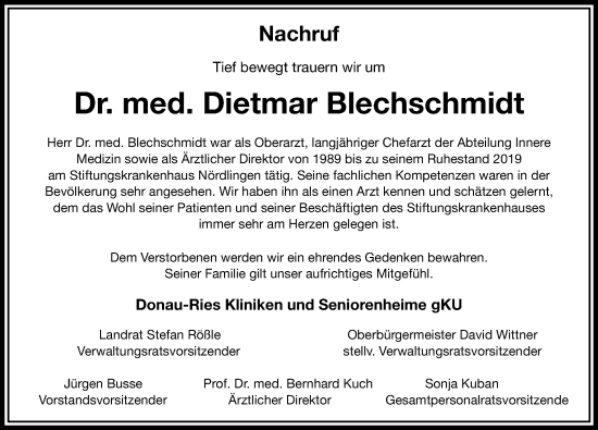 Traueranzeige von Dietmar Blechschmidt von Rieser Nachrichten