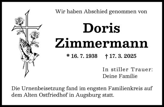 Traueranzeige von Doris Zimmermann von Augsburger Allgemeine