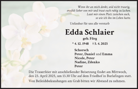Traueranzeige von Edda Schlaier von Neu-Ulmer Zeitung