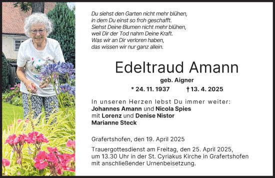 Traueranzeige von Edeltraud Amann von Augsburger Allgemeine, Neu-Ulmer Zeitung