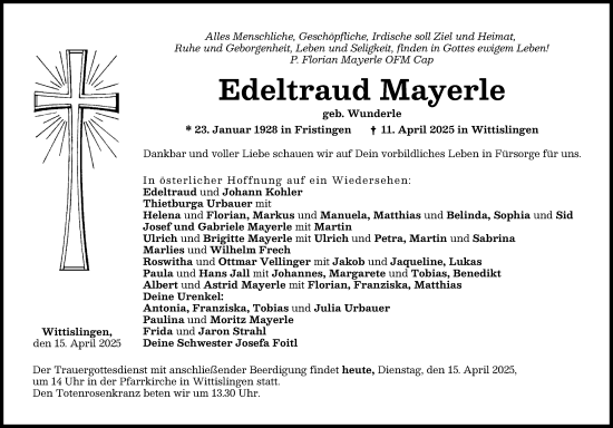 Traueranzeige von Edeltraud Mayerle von Donau Zeitung