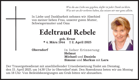 Traueranzeige von Edeltraud Rebele von Donauwörther Zeitung