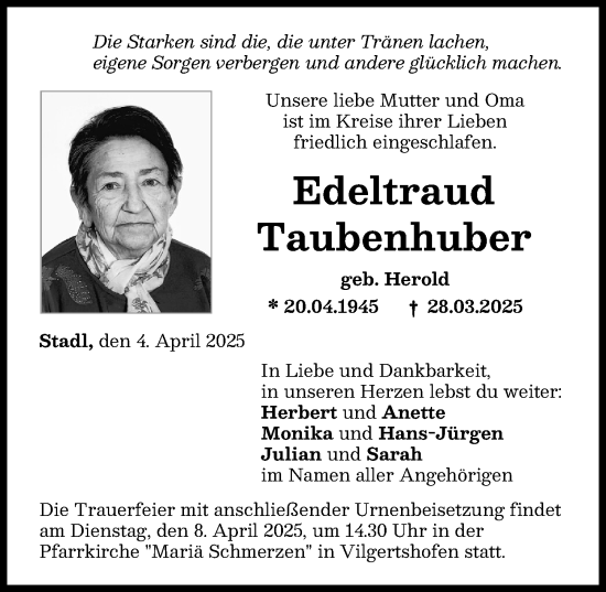 Traueranzeige von Edeltraud Taubenhuber von Landsberger Tagblatt