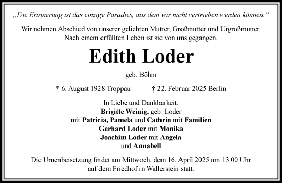 Traueranzeige von Edith Loder von Rieser Nachrichten