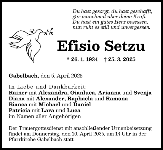 Traueranzeige von Efisio Setzu von Augsburg-Land, Günzburger Zeitung