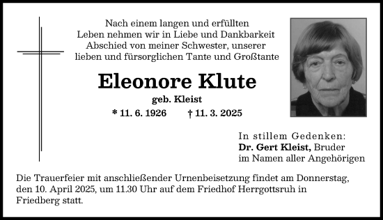 Traueranzeige von Eleonore Klute von Friedberger Allgemeine