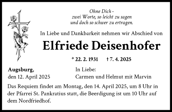 Traueranzeige von Elfriede Deisenhofer von Augsburger Allgemeine