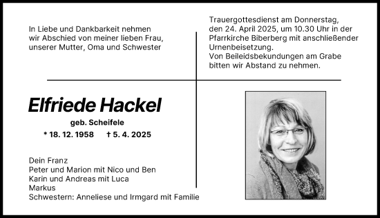 Traueranzeige von Elfriede Hackel von Neu-Ulmer Zeitung