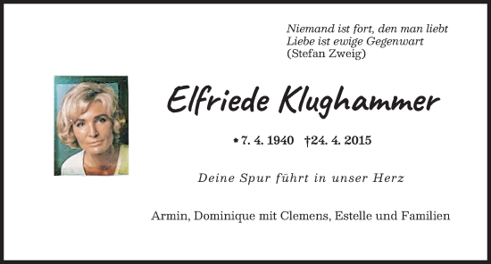 Traueranzeige von Elfriede Klughammer von Augsburger Allgemeine