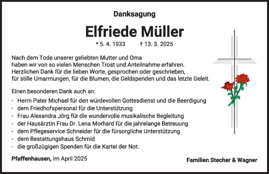 Traueranzeige von Elfriede Müller von Mindelheimer Zeitung