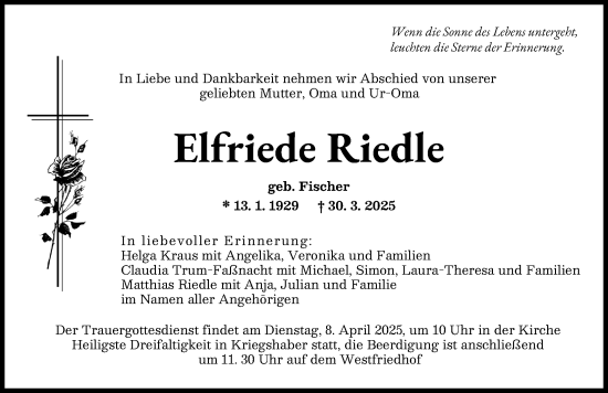 Traueranzeige von Elfriede Riedle von Augsburger Allgemeine