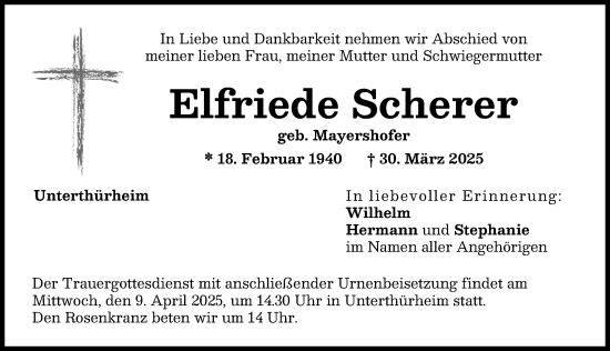 Traueranzeige von Elfriede Scherer von Wertinger Zeitung