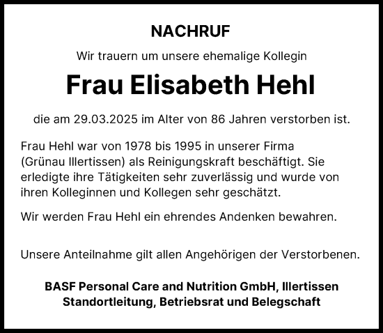 Traueranzeige von Elisabeth Hehl von Illertisser Zeitung