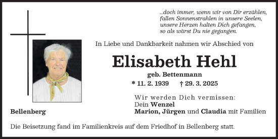 Traueranzeige von Elisabeth Hehl von Illertisser Zeitung