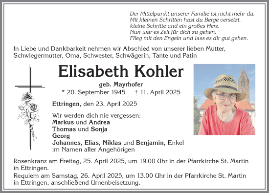 Traueranzeige von Elisabeth Kohler von Mindelheimer Zeitung