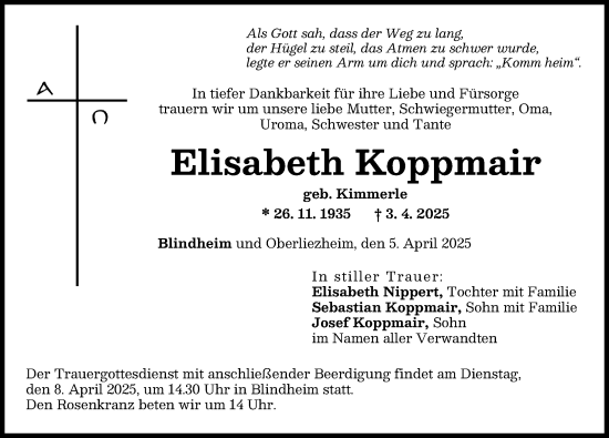 Traueranzeige von Elisabeth Koppmair von Donau Zeitung