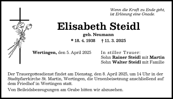 Traueranzeige von Elisabeth Steidl von Wertinger Zeitung