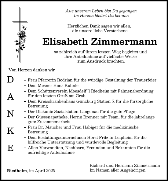 Traueranzeige von Elisabeth Zimmermann von Günzburger Zeitung