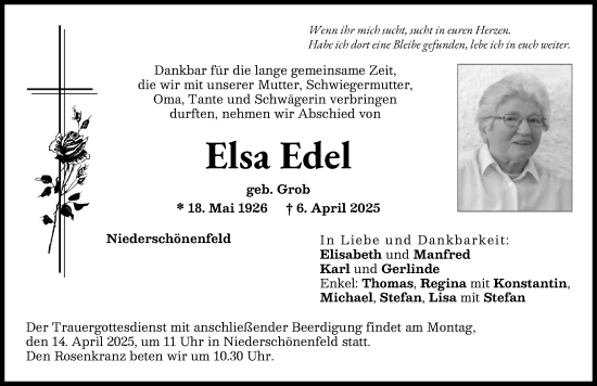 Traueranzeige von Elsa Edel von Donauwörther Zeitung