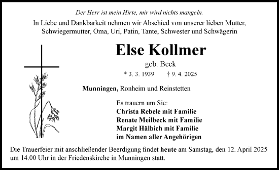 Traueranzeige von Else Kollmer von Rieser Nachrichten