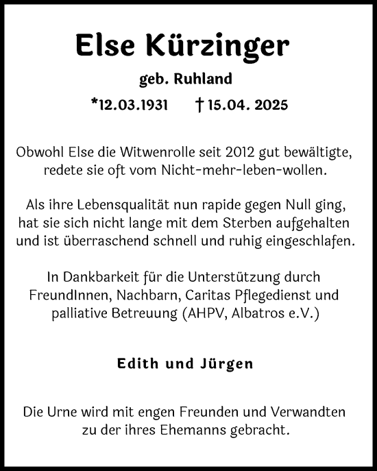 Traueranzeige von Else Kürzinger von Augsburger Allgemeine