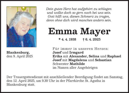 Traueranzeige von Emma Mayer von Augsburg-Land