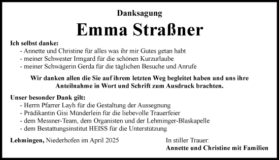Traueranzeige von Emma Straßner von Rieser Nachrichten