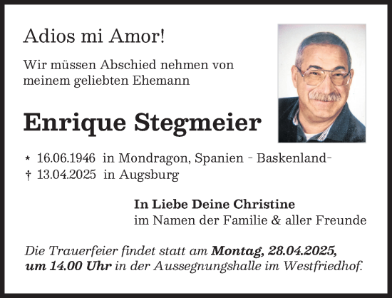 Traueranzeige von Enrique Stegmeier von Augsburger Allgemeine