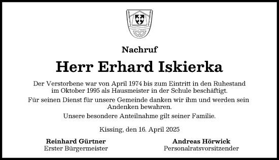 Traueranzeige von Erhard Iskierka von Friedberger Allgemeine