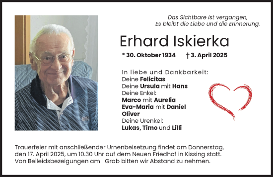 Traueranzeige von Erhard Iskierka von Friedberger Allgemeine