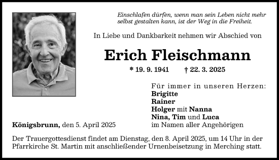 Traueranzeige von Erich Fleischmann von Augsburger Allgemeine