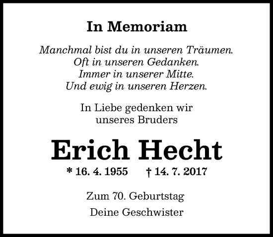 Traueranzeige von Erich Hecht von Neuburger Rundschau