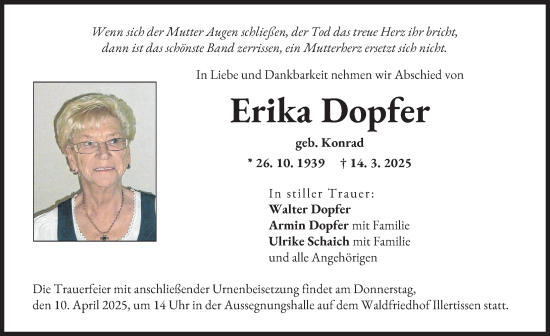 Traueranzeige von Erika Dopfer von Illertisser Zeitung