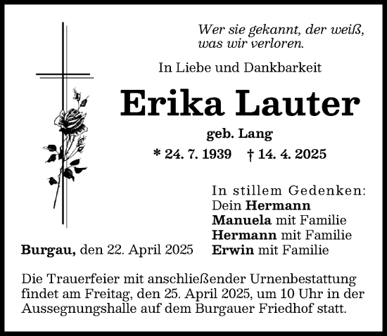 Traueranzeige von Erika Lauter von Günzburger Zeitung