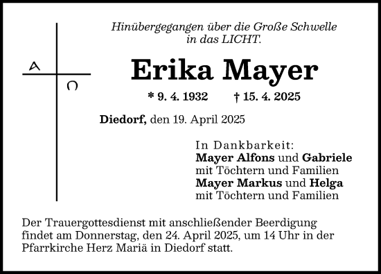 Traueranzeige von Erika Mayer von Augsburg-Land