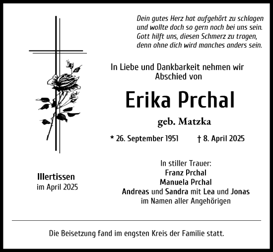 Traueranzeige von Erika Prchal von Illertisser Zeitung