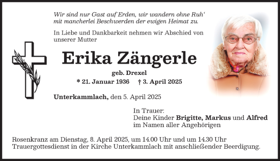 Traueranzeige von Erika Zängerle von Mindelheimer Zeitung