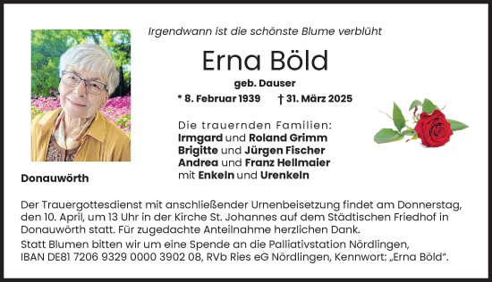 Traueranzeige von Erna Böld von Donauwörther Zeitung