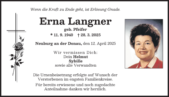 Traueranzeige von Erna Langner von Neuburger Rundschau
