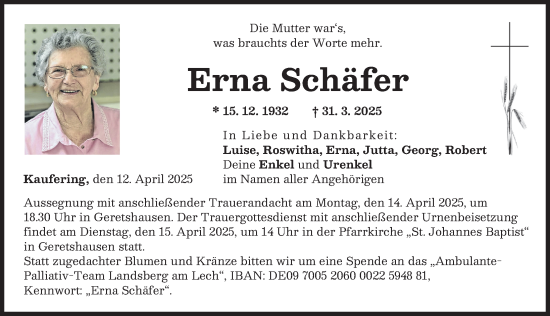 Traueranzeige von Erna Schäfer von Landsberger Tagblatt