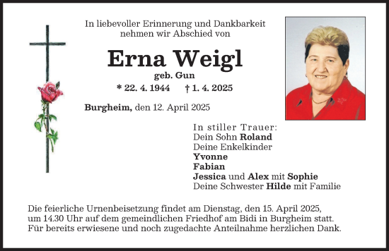 Traueranzeige von Erna Weigl von Neuburger Rundschau
