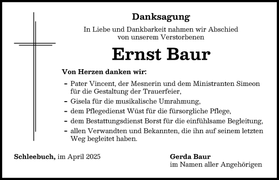 Traueranzeige von Ernst Baur von Neu-Ulmer Zeitung