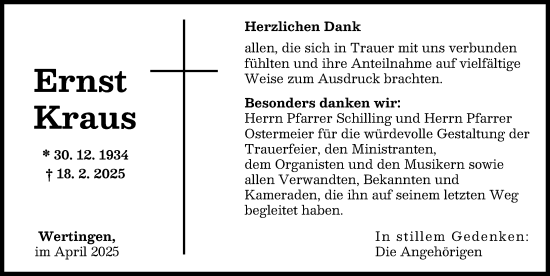 Traueranzeige von Ernst Kraus von Wertinger Zeitung