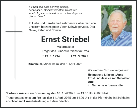 Traueranzeige von Ernst Striebel von Mindelheimer Zeitung