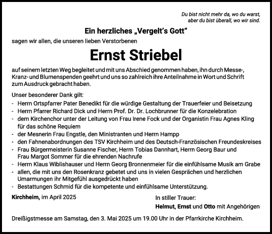 Traueranzeige von Ernst Striebel von Mindelheimer Zeitung